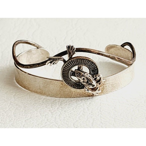 Courtney Peterson Signed SterlingBrass Artisan Frog Rare Cuff Bracelet 23g